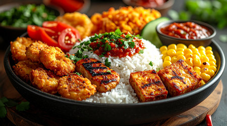 Chicken tikka kebab with rice and vegetables on a black backgroundの素材