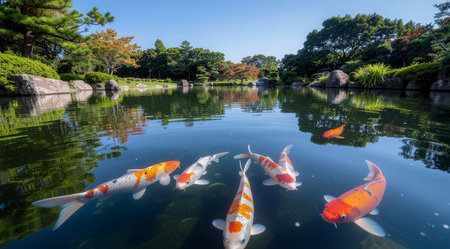 jakarta  garden pond with colorful koi fishes in jakarta,indonesianの素材