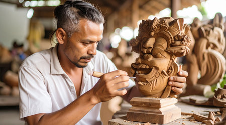 Thai craftsman carving wooden sculpture in the workshop. This is a traditional handicraft.の素材
