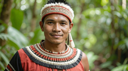 Portrait of a young native man with traditional costume in the jungleの素材