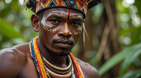 Portrait of a young African man with traditional costume in the jungleの素材