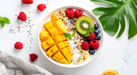 Healthy breakfast bowl with mango, raspberries, blueberries and chia seeds.の素材
