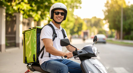 happy delivery man in helmet riding scooter on city street with foodの素材