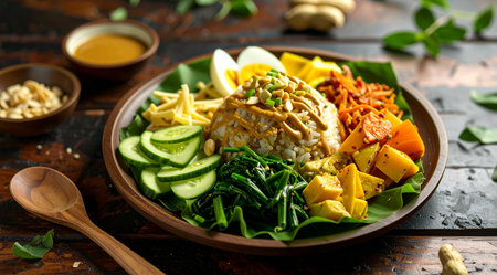 Rice salad with kimchi, mango, cucumber, sesame seeds on wooden table.の素材