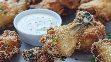Fried chicken legs with sauce on a gray background. Close-upの素材