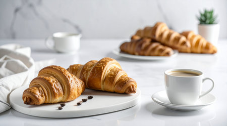 Breakfast with coffee and croissants on a white table.の素材