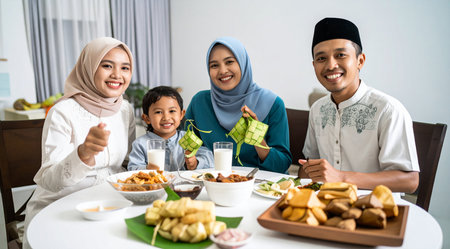 muslim family eating healthy food during eid mubarak at homeの素材