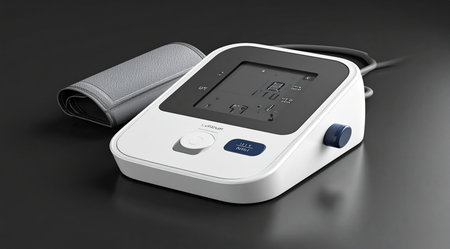Digital blood pressure monitor isolated on black background. 3D rendering.の素材