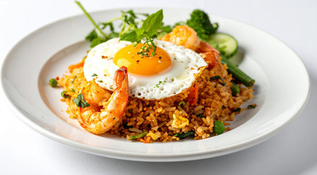 Fried rice with fried egg and prawns, indonesian foodの素材