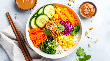 Buddha bowl with rice, vegetables, sesame seeds and peanut sauce. Healthy vegan food concept.の素材