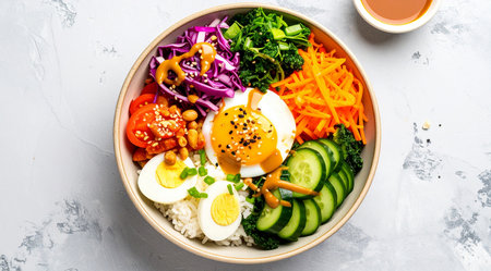 Buddha bowl with rice, egg, vegetables and sesame seeds. Healthy food concept.の素材