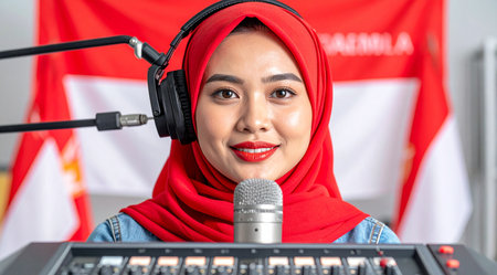 Portrait of young asian muslim woman wearing headphon and holding microphone in studioの素材
