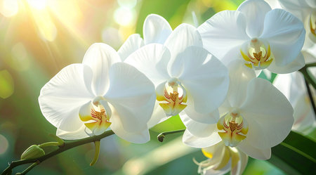Beautiful white orchid flower in the garden with sunlight background.の素材