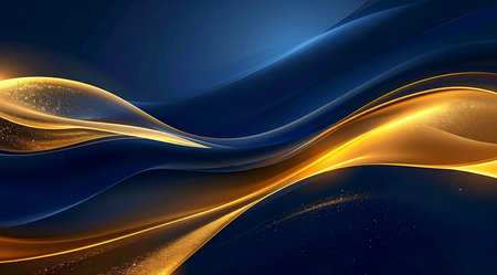 Dark blue abstract background with golden wavy lines. 3d renderの素材