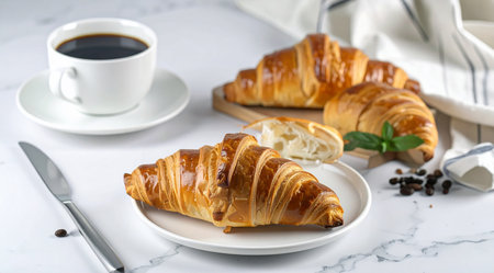 Breakfast with coffee and croissants on table, closeupの素材
