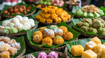Variety of INDONESIA desserts on banana leaf in marketの素材