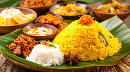 indonesian spicy biryani on banana leaf with rice and curryの素材