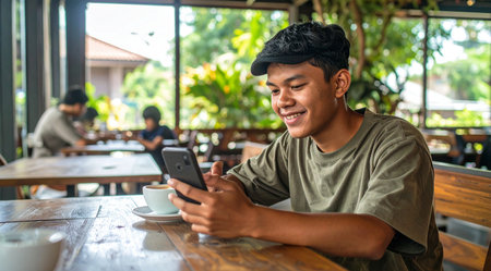 Portrait of young Asian man using mobile phone while sitting in cafe.の素材