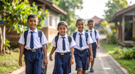 Group of happy kids in school uniform going to school. Education concept.の素材