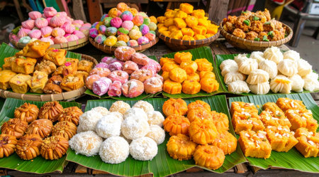 Variety of ndonesian desserts on the street market in jakarta, indonesianの素材