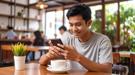 Young asian man using mobile phone in coffee shop. Attractive asian man using smartphone in cafe.の素材