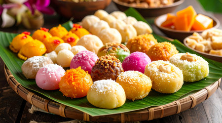 Variety of Indian sweets in a plate. Selective focus.の素材