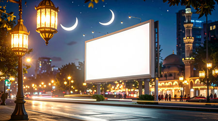 Blank billboard in the city at night time. 3D rendering.の素材