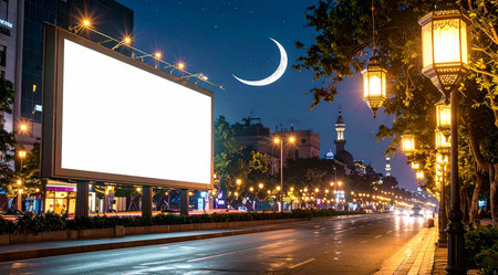 Blank billboard on the street at night. Street advertising poster.の素材