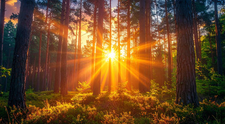 Sunset in the pine forest. Beautiful summer landscape with sunbeamsの素材