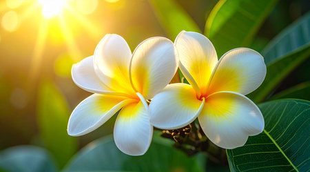 White frangipani flowers on the plumeria tree with sunlightの素材