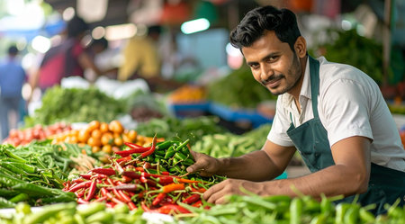 Indian man selling chilli at a market in Goa, Indiaの素材