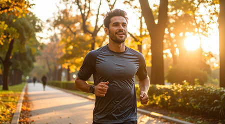Portrait of a smiling young man jogging in the park at sunriseの素材