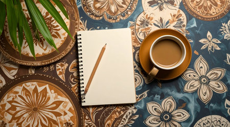 Coffee cup, notebook and plant on the wooden table.の素材