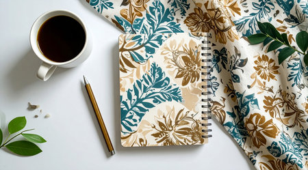 Top view of a cup of coffee and a notebook on a white tableの素材