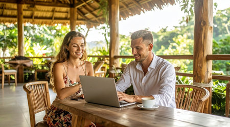Happy couple using laptop at coffee shop. Young man and woman sitting in cafe and using laptop.の素材