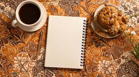 Cup of coffee, cookies and notepad on a wooden tableの素材