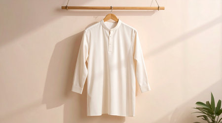 White blouse hanging on wooden hanger with shadow on the wallの素材