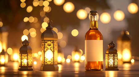 Ramadan Kareem greeting card with lanterns and oil bottle.の素材