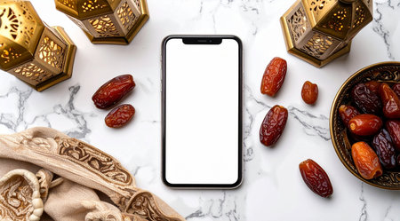 Smartphone with blank screen, dates and lanterns on white marble backgroundの素材