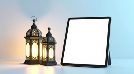 Tablet pc with blank screen and Arabic lanterns. 3D illustration.の素材