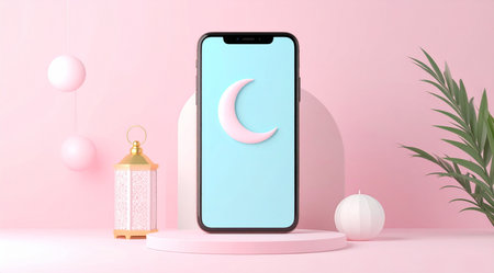 Ramadan Kareem. Smartphone with the moon and lantern. 3D renderingの素材
