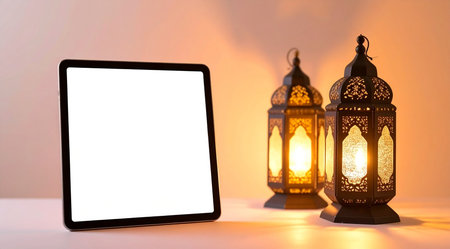 Tablet pc with blank screen and Arabic lanterns on table.の素材