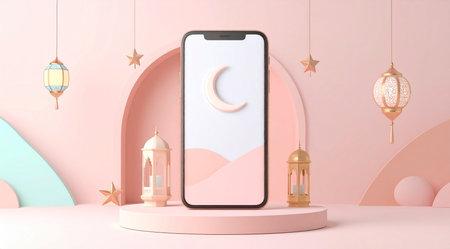 Ramadan Kareem. Smartphone with a crescent moon and lanterns on a pink background. 3d renderingの素材