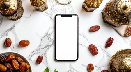 Smartphone with blank screen and date fruitsle background. Top view. Mockupの素材