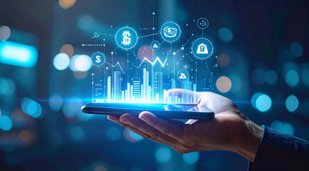 Businessman holding mobile phone with bitcoin hologram on blurry city background. Cryptocurrency conceptの素材