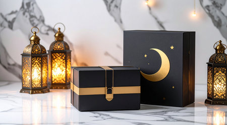 Ramadan Kareem greeting card with lanterns and crescent moonの素材