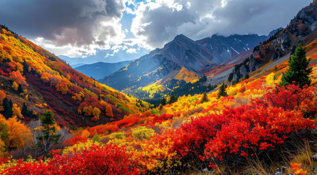 Mountain autumn landscape with colorful forest. Sunset in the mountains.の素材