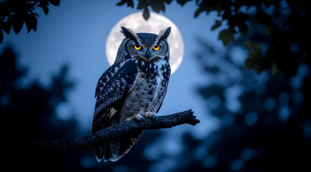 Beautiful owl sitting on a branch and looking at the full moonの素材