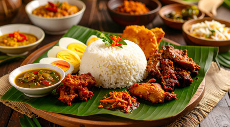 indonesian food, curry chicken with rice and egg on banana leafの素材