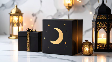 Ramadan Kareem greeting card with moon and gift boxes. 3D Renderの素材